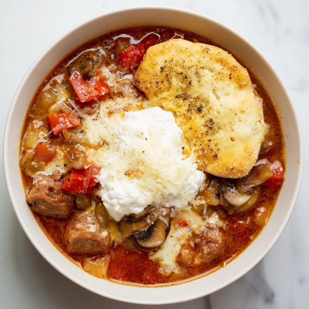 Golden, bubbly crust tops this Pizza Pot Pie Soup mashup bubbling with cheese and savory broth.