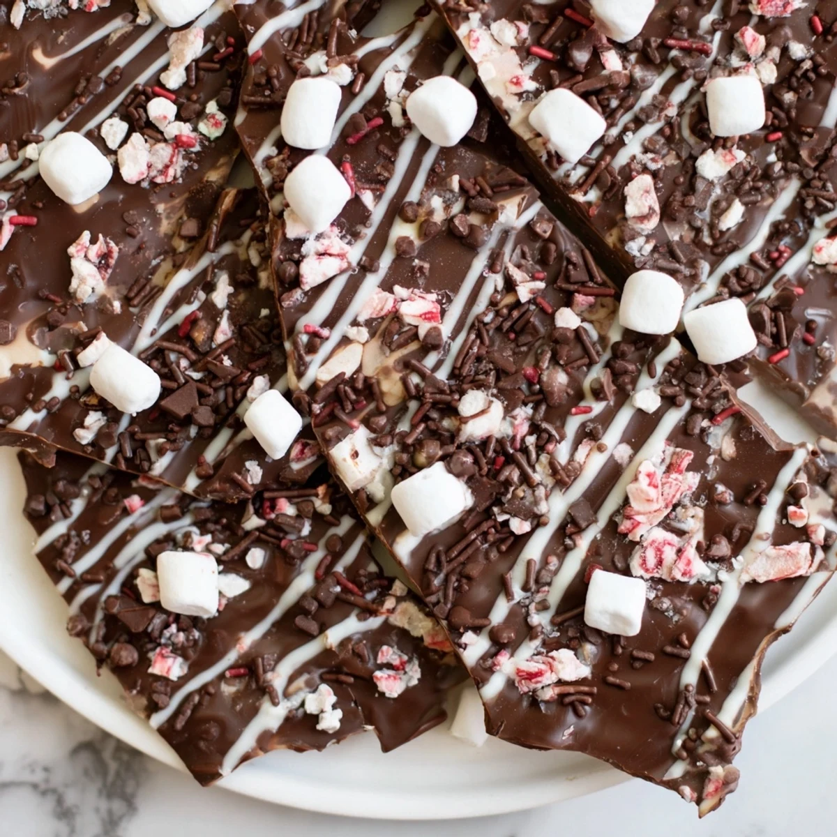 Indulge in a homemade Hot Chocolate Bomb Bark: a close-up shows crunchy peppermint and a rich chocolate base.