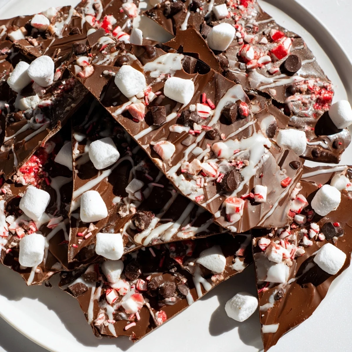 Finished Hot Chocolate Bomb Bark, adorned with marshmallows and sprinkles, ready for gifting or enjoying.