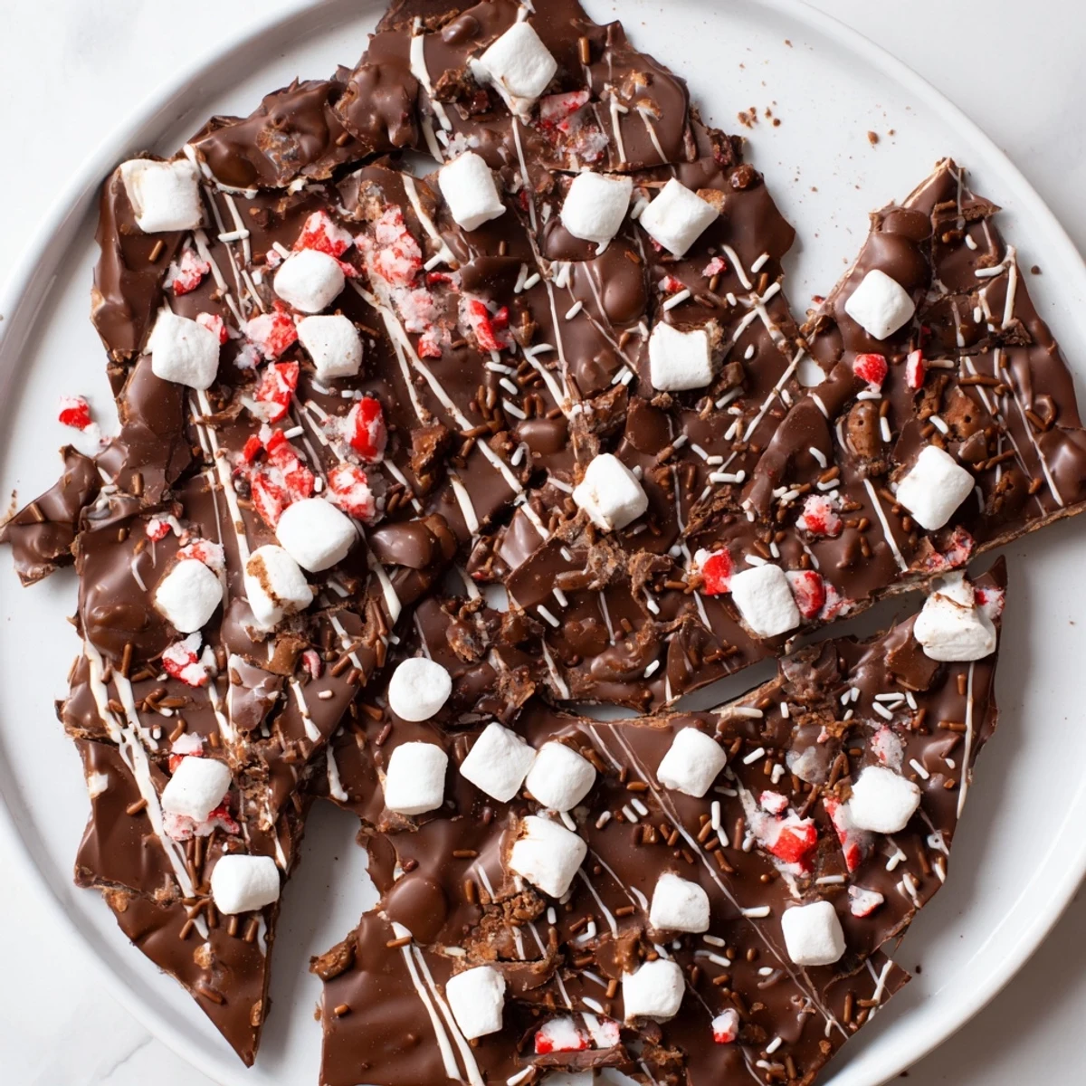 Imagine the delightful Hot Chocolate Bomb Bark, with white chocolate drizzle, cocoa mix, and sweet mini marshmallows!