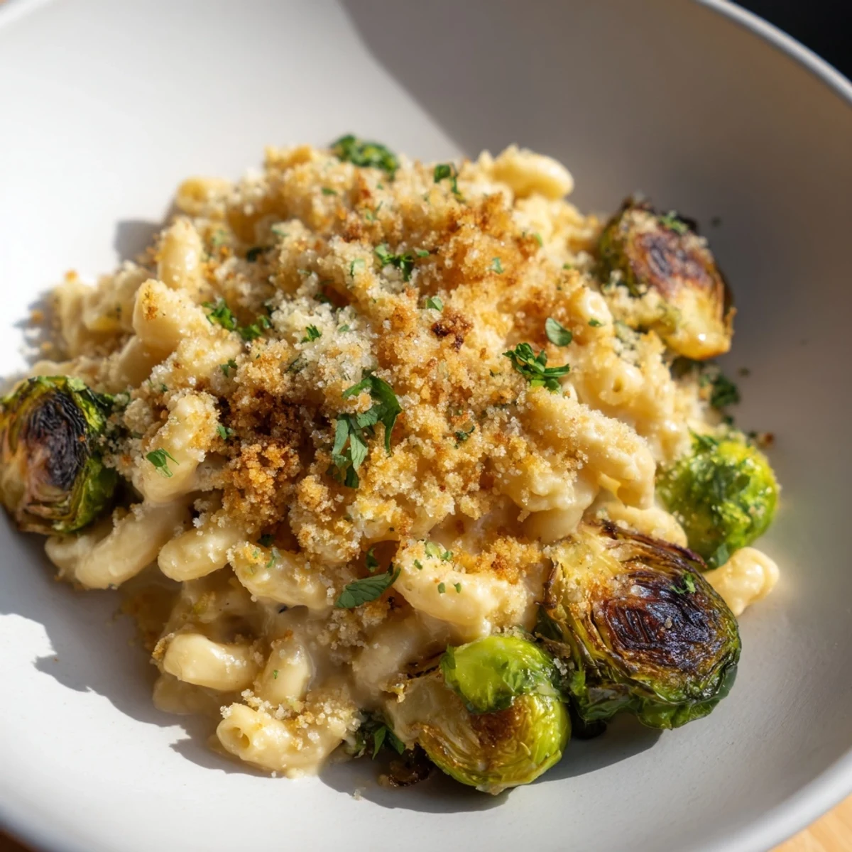 Golden-brown sheet pan mac and cheese with roasted Brussels sprouts, ready for a hearty family meal.