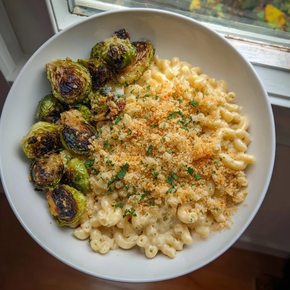The perfect, comforting sheet pan mac and cheese, baked until bubbly, served alongside roasted Brussels sprouts.