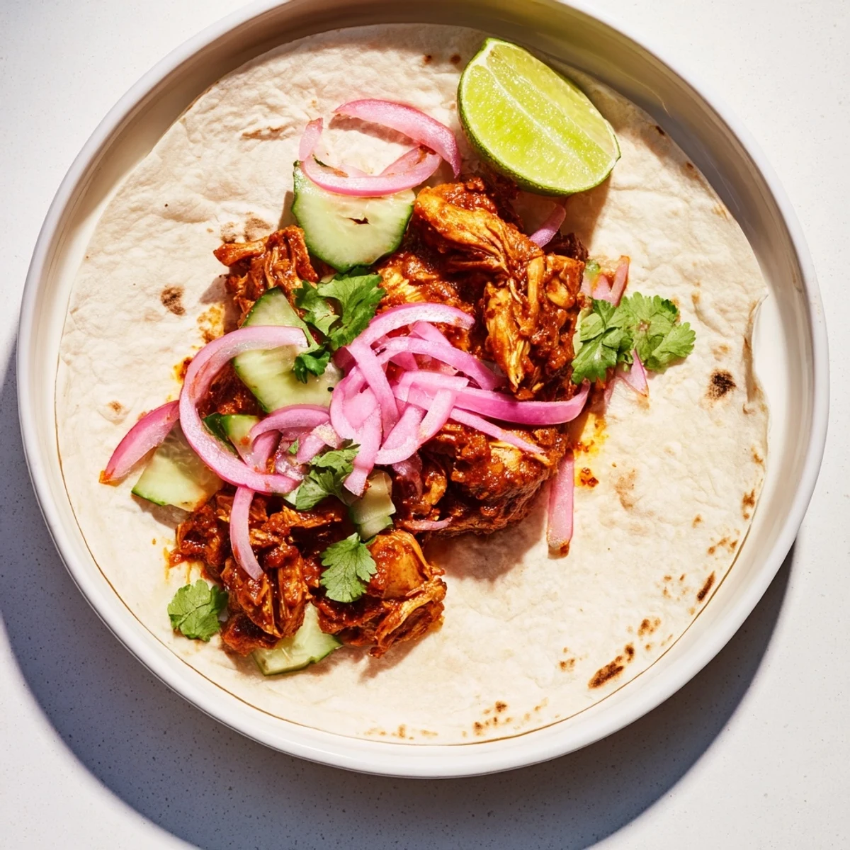 Tender, slow-cooked sticky chicken tikka masala tacos served with fresh cilantro and red onion.