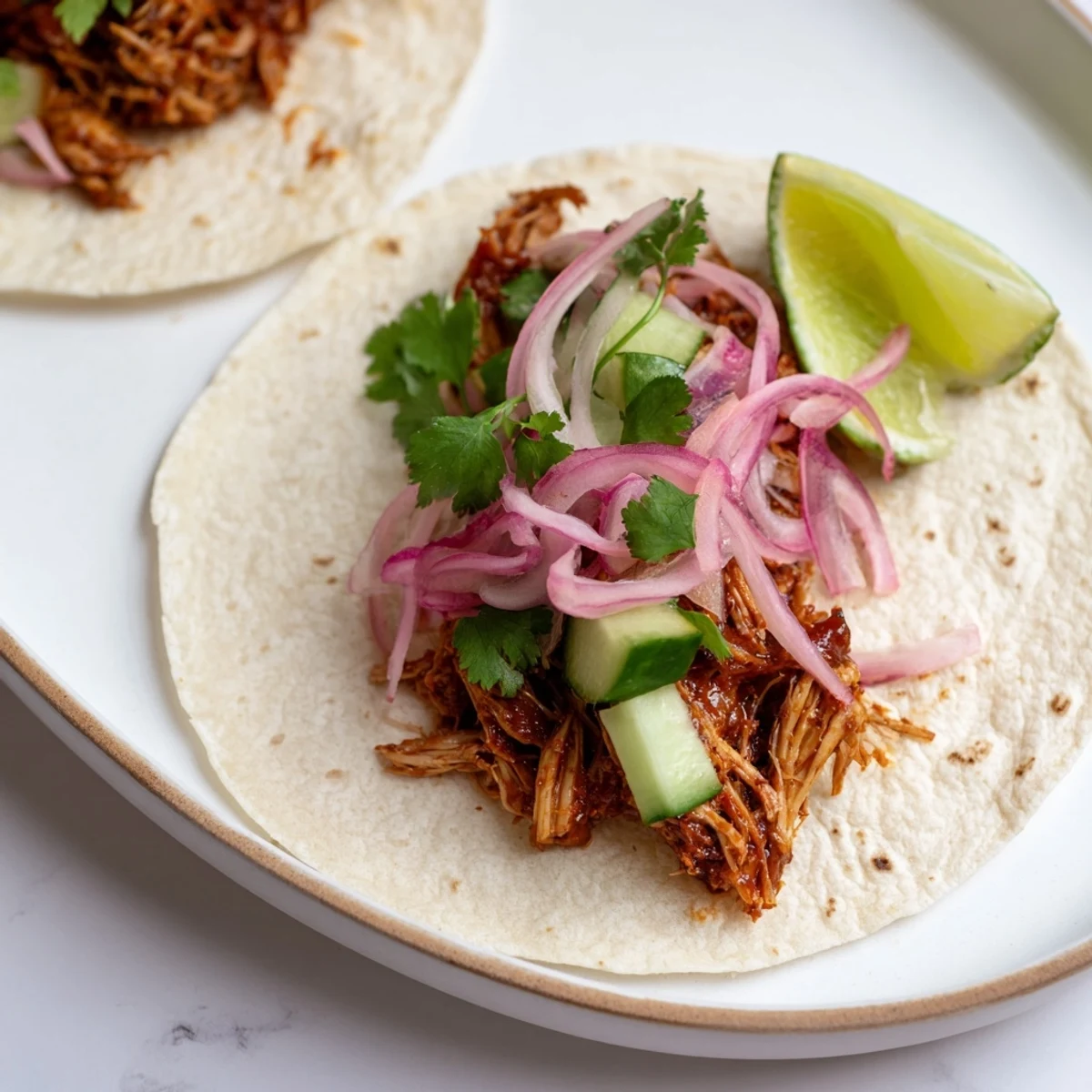 A close-up shot of warm, delicious sticky chicken tikka masala tacos ready to eat for dinner.