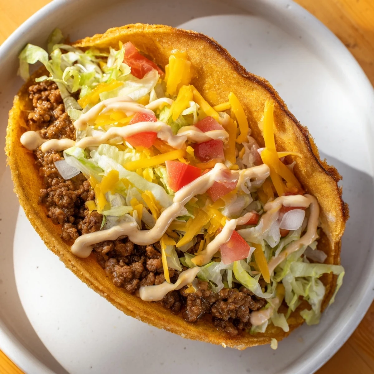 Cheesy Gordita Crunch taco, warm cheesy flatbreads hug a crunchy taco filled with seasoned beef.