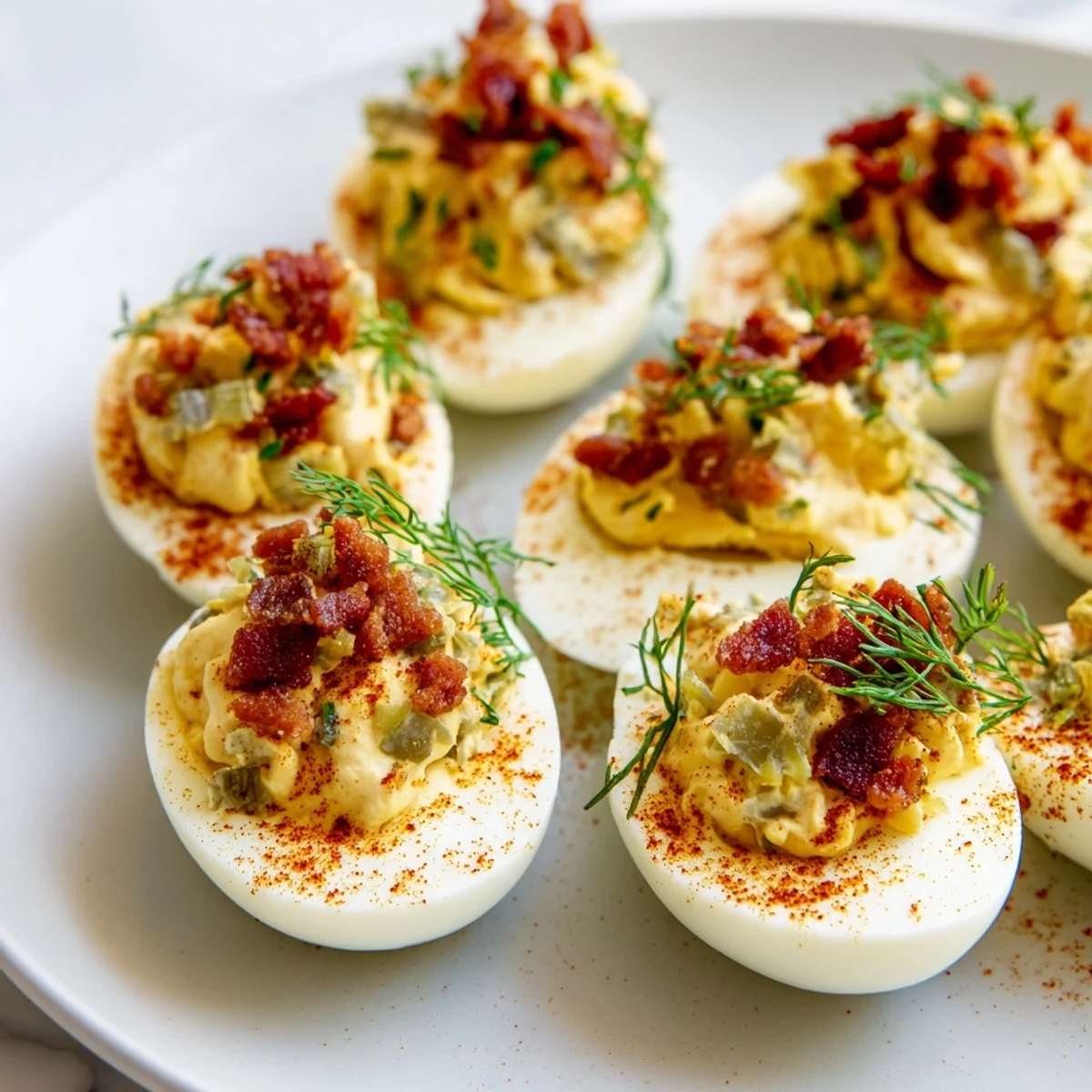 Loaded deviled eggs with vibrant paprika, crispy bacon, and fresh dill ready to taste delicious.