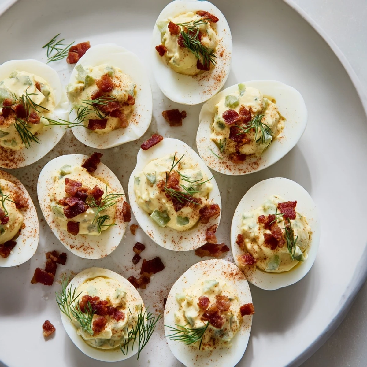 Perfectly chilled loaded deviled eggs with a dusting of smoked paprika are a crowd-pleasing appetizer.