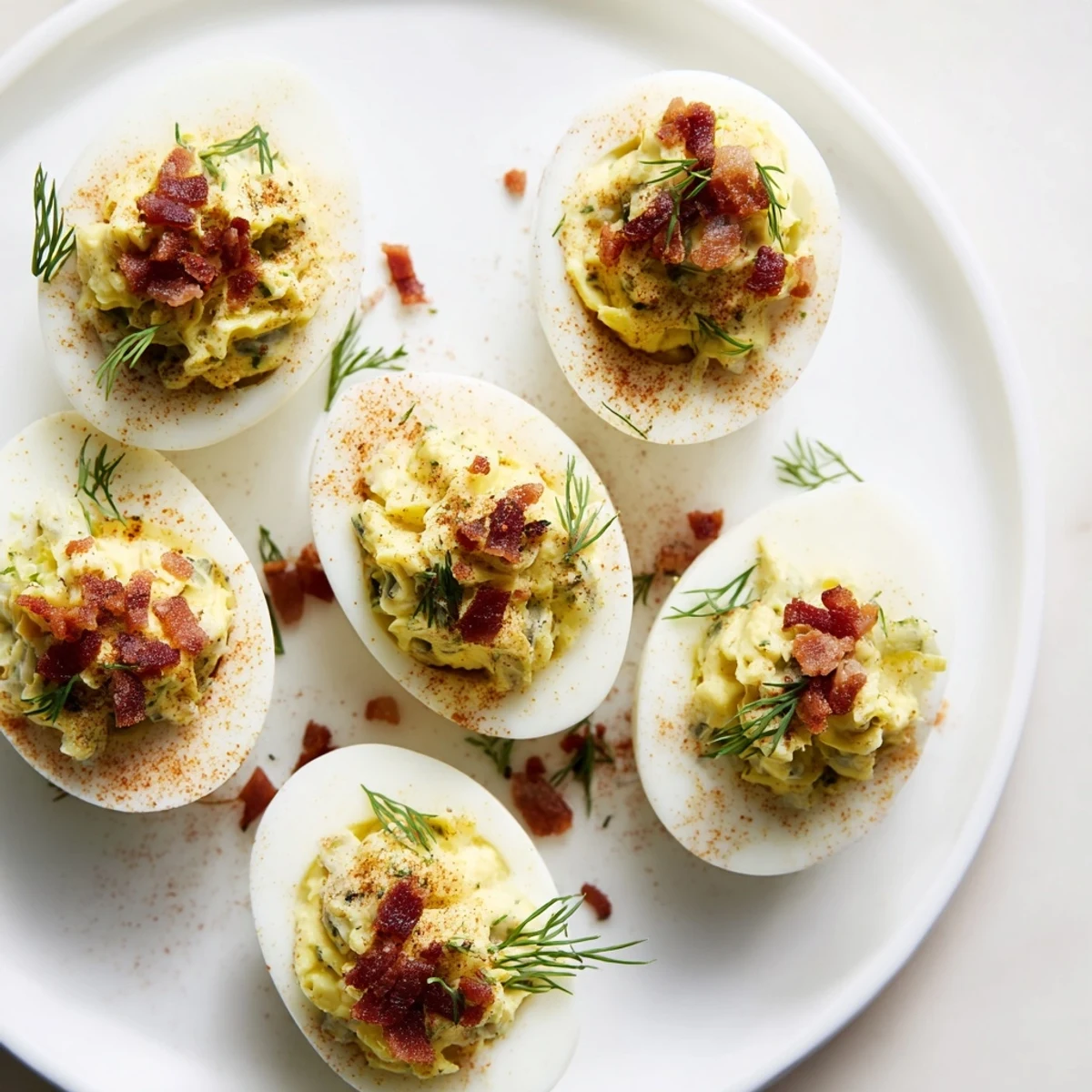 Close-up of creamy loaded deviled eggs, garnished with bacon bits and dill, ready to eat.