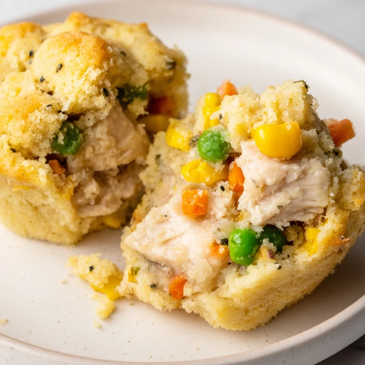 Golden-brown Mini Chicken Pot Pie Cornbread Muffins, warm and savory, ready to serve and enjoy.