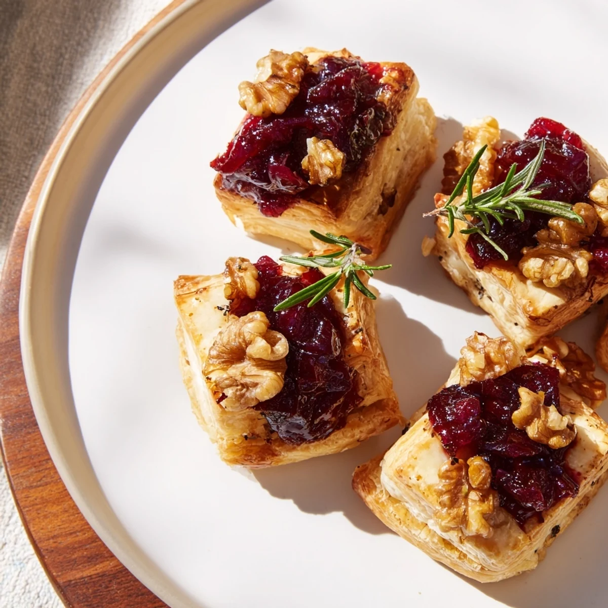 Golden, bubbly Quick Cranberry Brie Bites with melting cheese and vibrant cranberry topping.