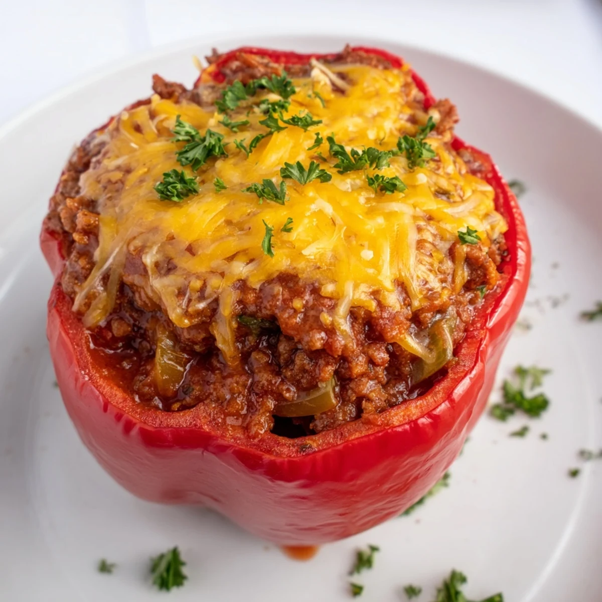 Steaming hot Sloppy Joe Stuffed Peppers overflowing with a savory meat filling and melted cheese.