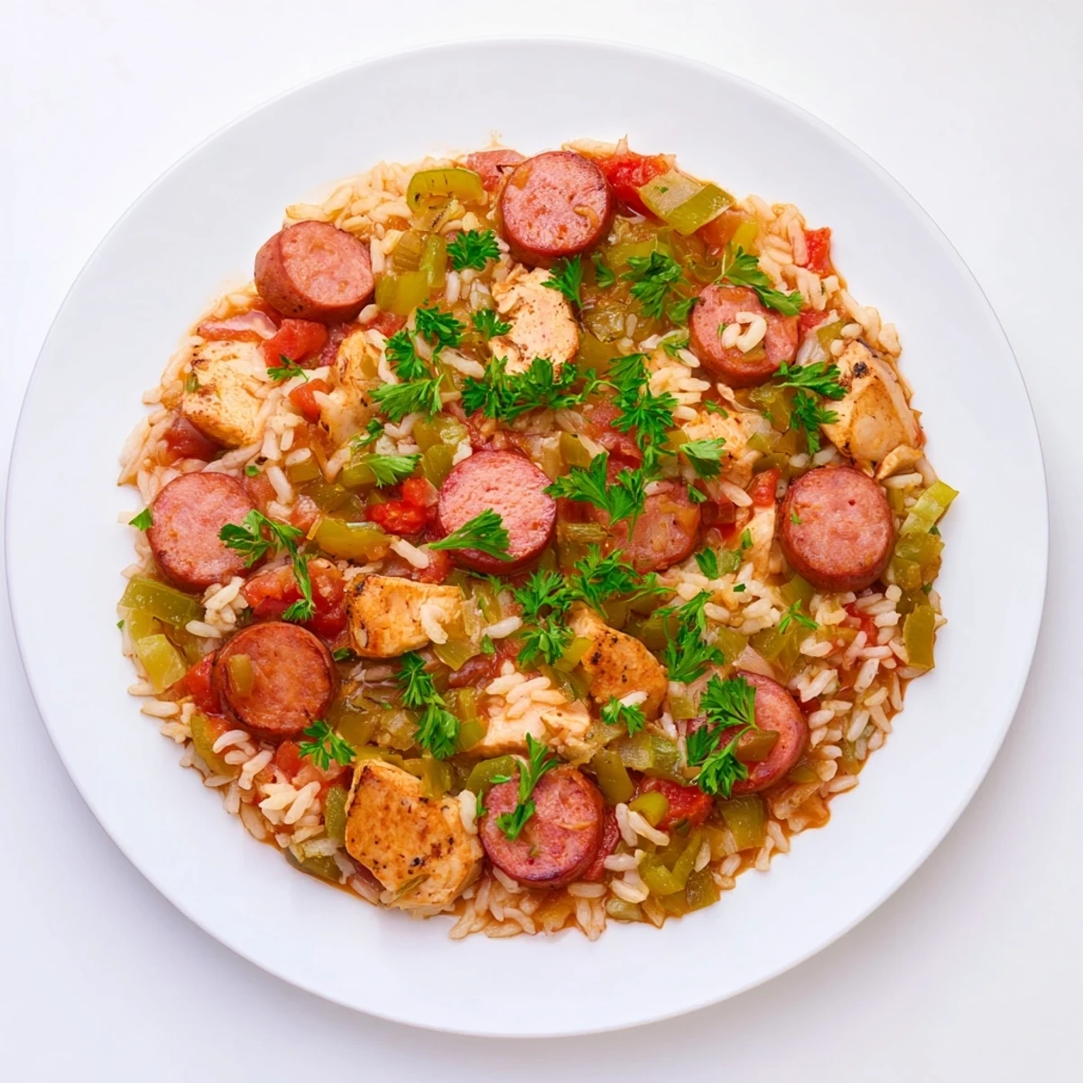 Fragrant Simple Chicken and Sausage Jambalaya Bake, steaming hot with visible chicken, sausage, and vegetables.