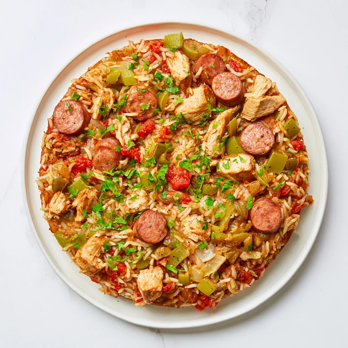 A tempting close-up of the Simple Chicken and Sausage Jambalaya Bake, showcasing tender chicken pieces and smoky sausage.