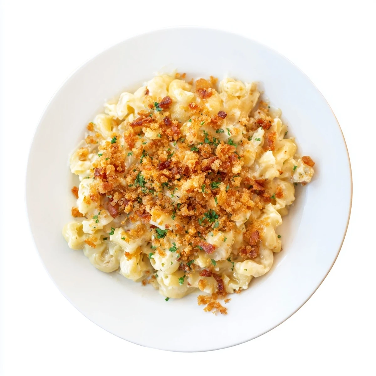 Sheet pan mac and cheese with a golden crust and crispy bacon topping.