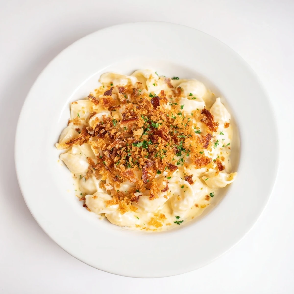 A close-up shot of baked sheet pan mac and cheese, speckled with savory bacon.