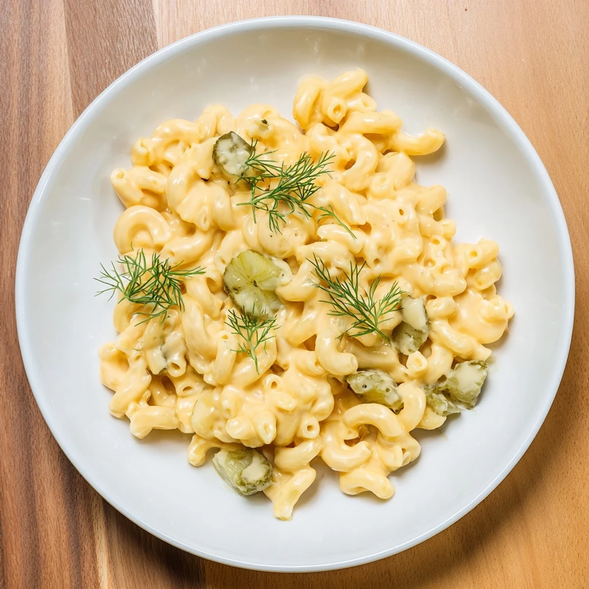 Golden, baked Pickle Mac and Cheese topped with crunchy breadcrumbs, ready to serve with extra dill.