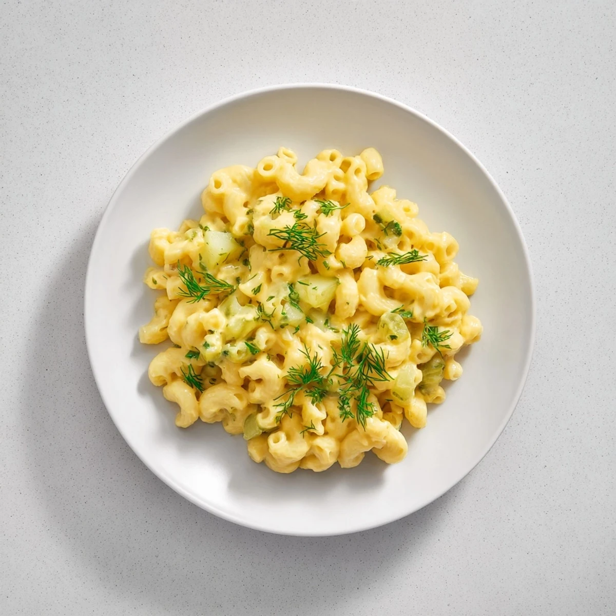 This image features a bowl of steaming, flavorful Pickle Mac and Cheese, a comforting American dish.