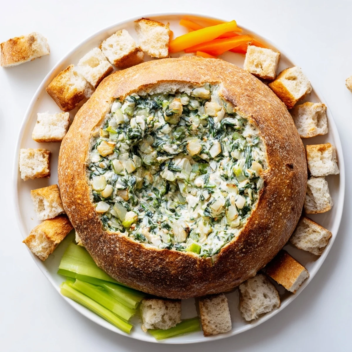 A rustic bread bowl overflowing with creamy, flavorful spinach dip, ready to be enjoyed.