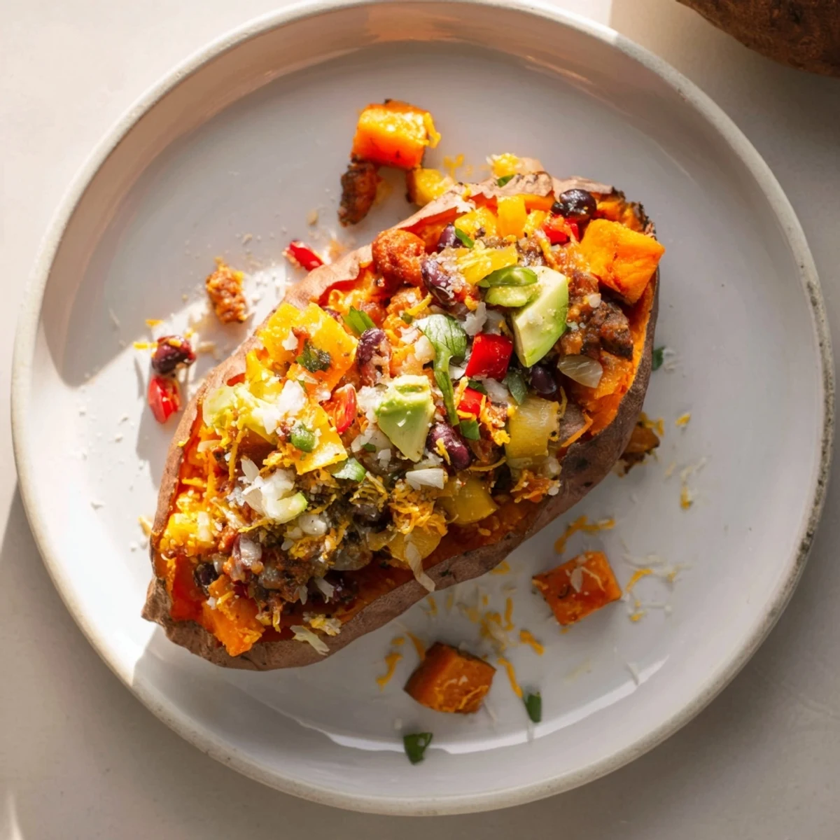 Steaming Savory Baked Sweet Potato Chili Boats filled with a hearty, flavorful bean chili and fresh toppings.