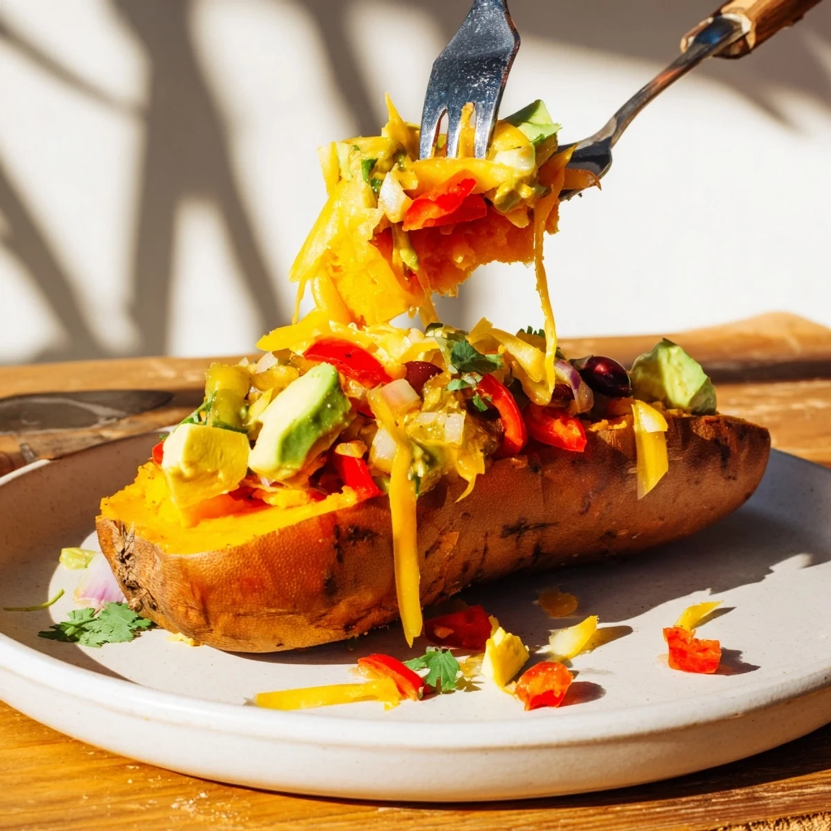 Golden, tender baked sweet potatoes are overflowing with a vibrant, spicy chili filling in these satisfying boats.