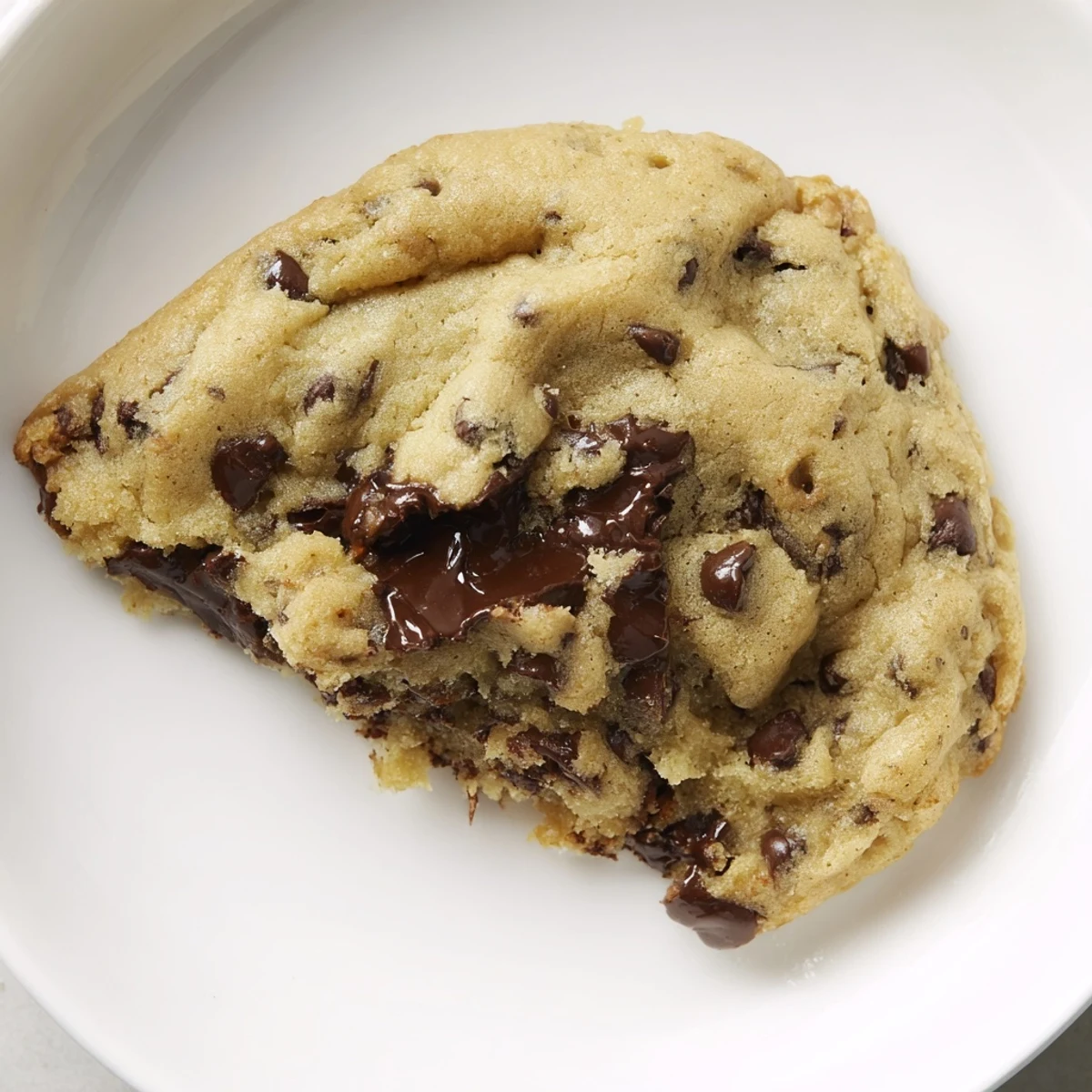 A warm plate of chewy protein chocolate chip cookies with melted chocolate chips visible.