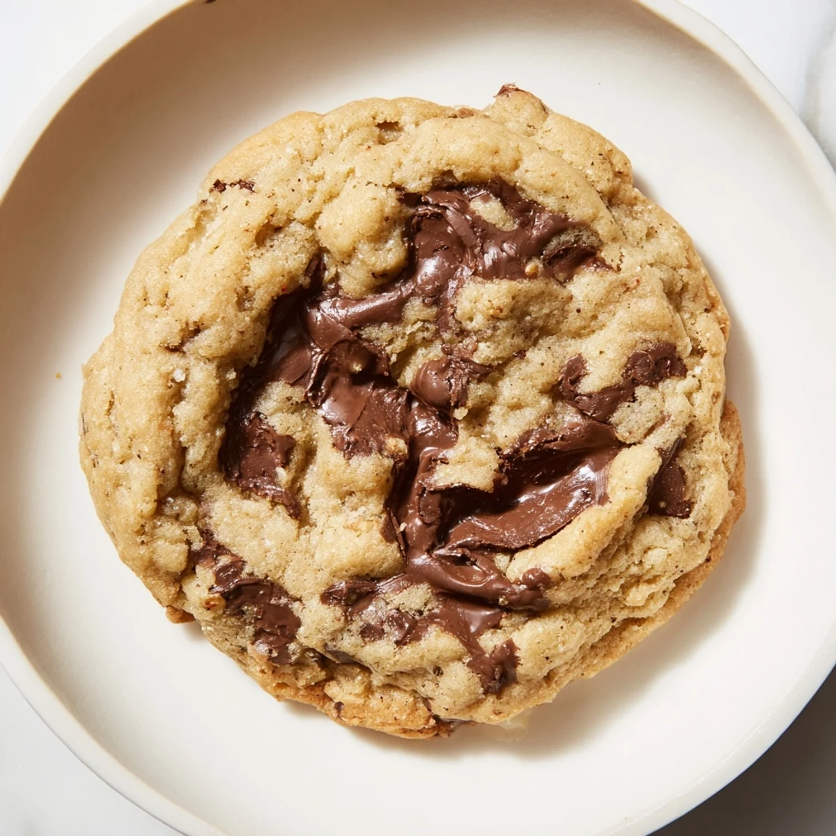 Freshly baked chewy protein chocolate chip cookies, slightly browned and ready to be devoured.