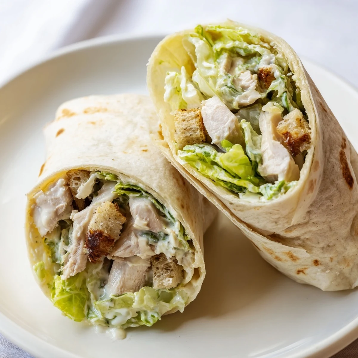Freshly made Chicken Caesar Wraps, bursting with creamy dressing, juicy chicken, and crunchy croutons.