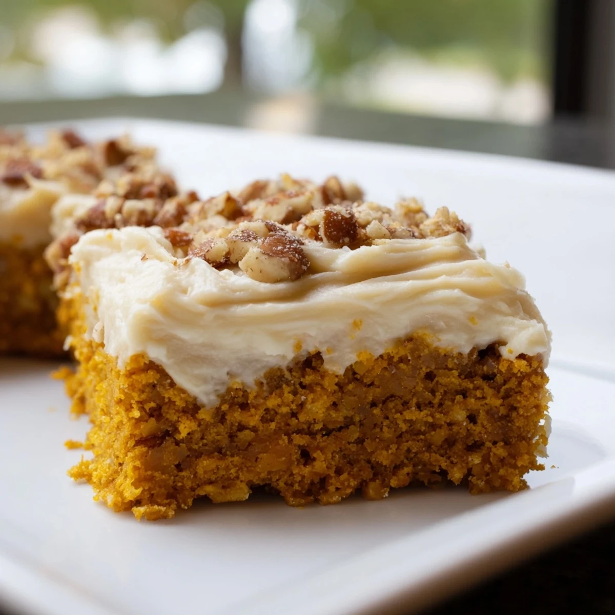 Golden Pumpkin Bars swirled with creamy brown sugar frosting, ready to be cut and enjoyed.
