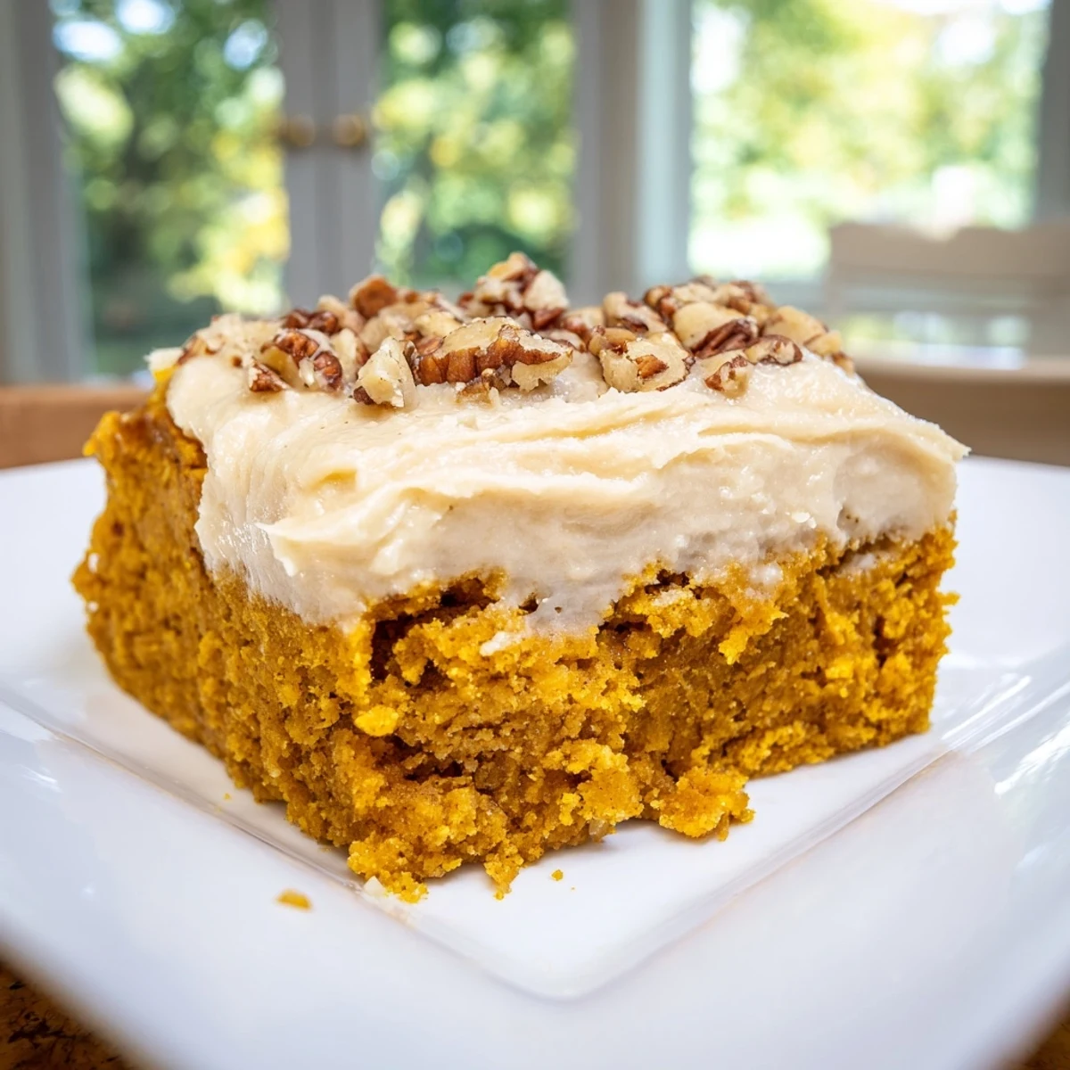 A close-up of fluffy Pumpkin Bars, spiced and topped generously with light brown sugar frosting.