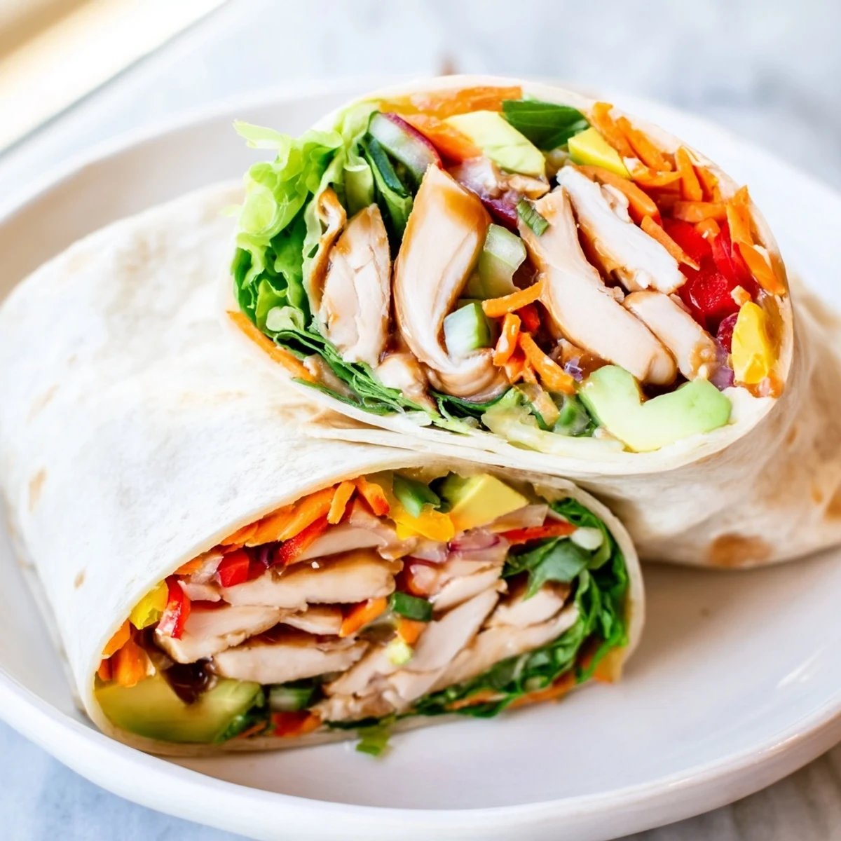 Close-up of a delicious teriyaki chicken wrap, showing layers of chicken and fresh fillings.