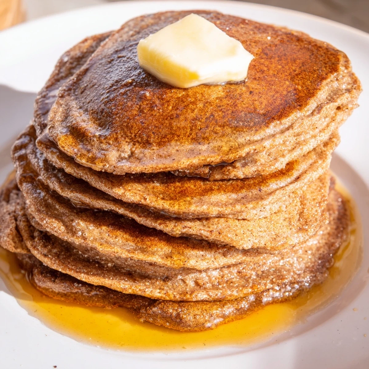 Golden-brown Gingerbread Pancakes, ready to stack high with melted butter and warm syrup.