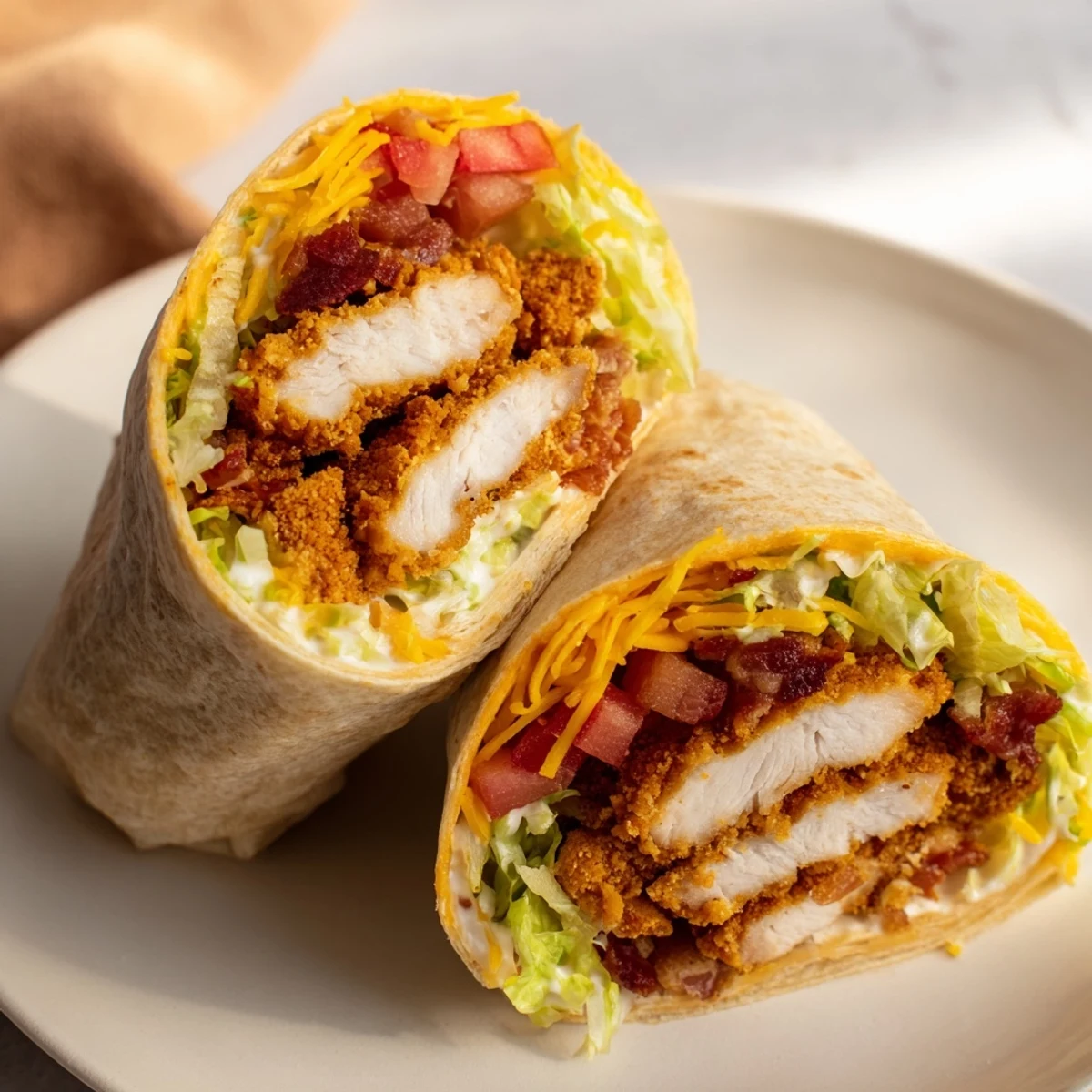 A delicious close-up of a Crispy Chicken Bacon Ranch Wrap, showing layers of ingredients and textures.