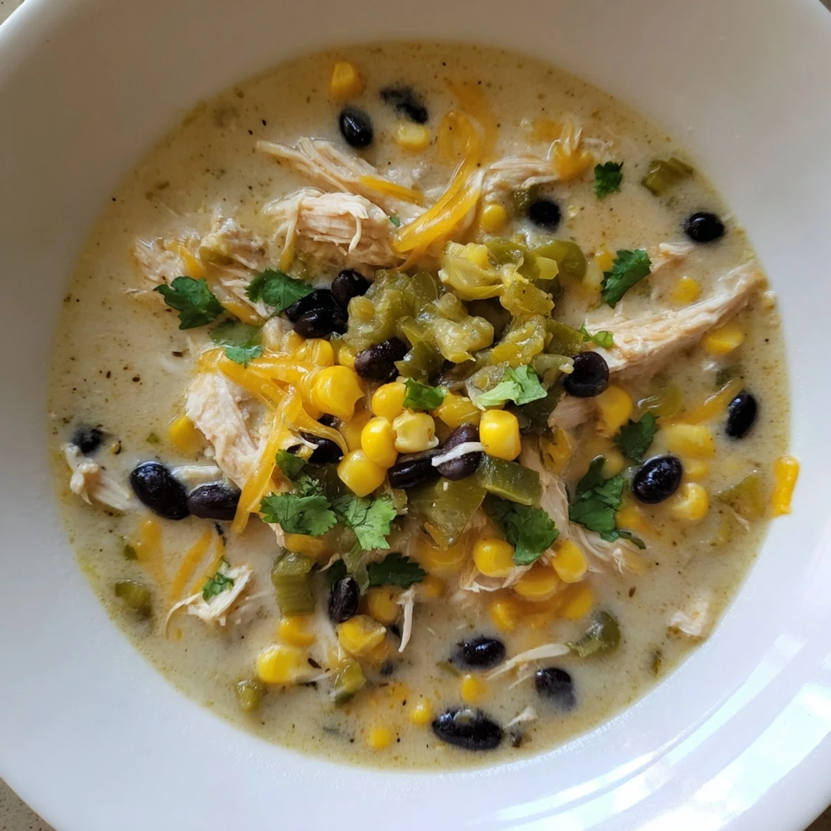 Creamy Chicken Poblano Soup, garnished with cilantro, ready to be enjoyed with a warm, comforting aroma.