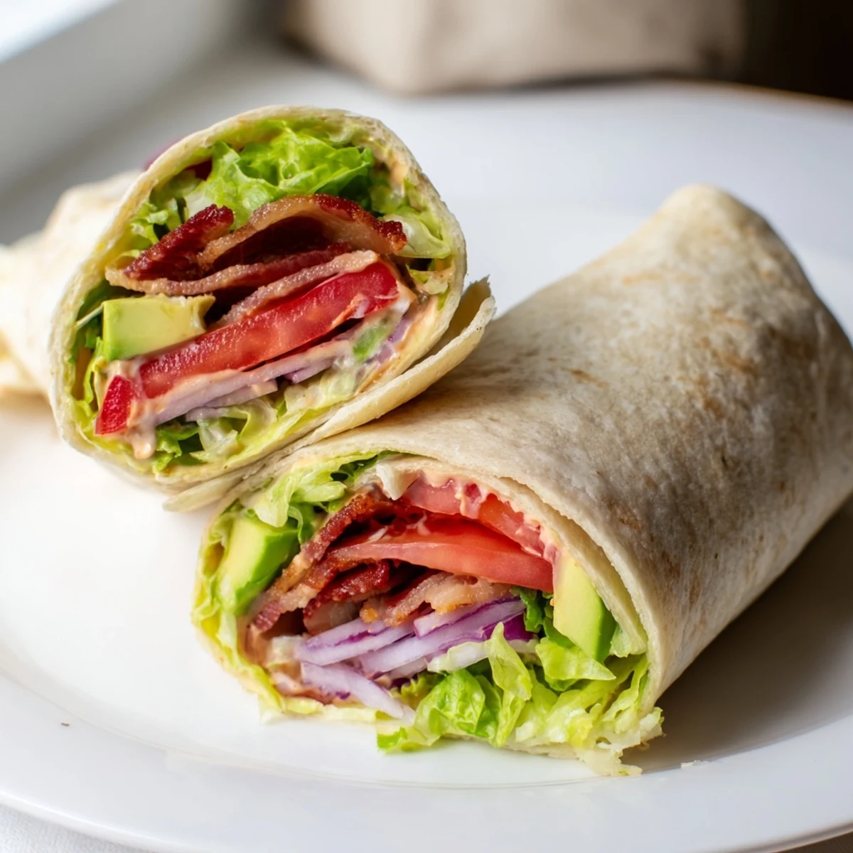 Close-up of a Zesty BLT Wrap, highlighting the spicy chipotle mayo with bacon and vibrant veggies ready.