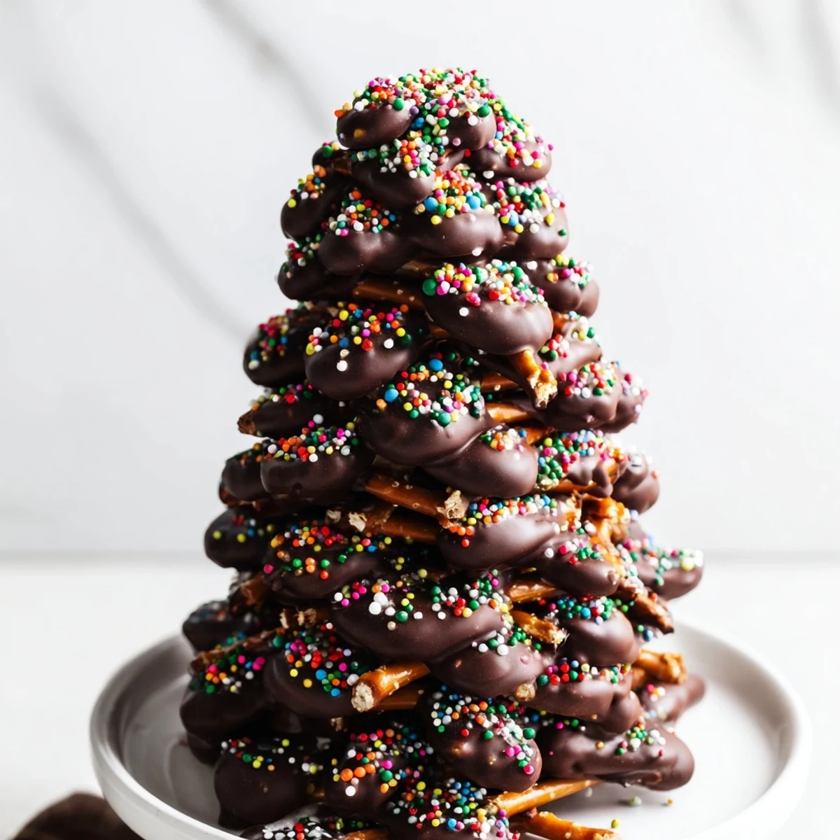 Homemade Express Chocolate Christmas Trees, ready to eat, stand tall with pretzel-stick trunks and shimmering sugar pearls.