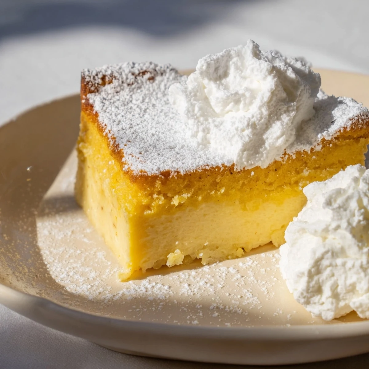 A slice of Simplified Pumpkin Magic Cake: a spiced, creamy dessert with a soft topping.