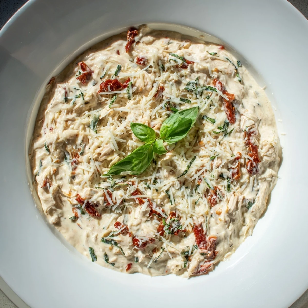 Golden, bubbly Lightened Marry Me Chicken Dip, ready to be scooped up with crackers or veggies.