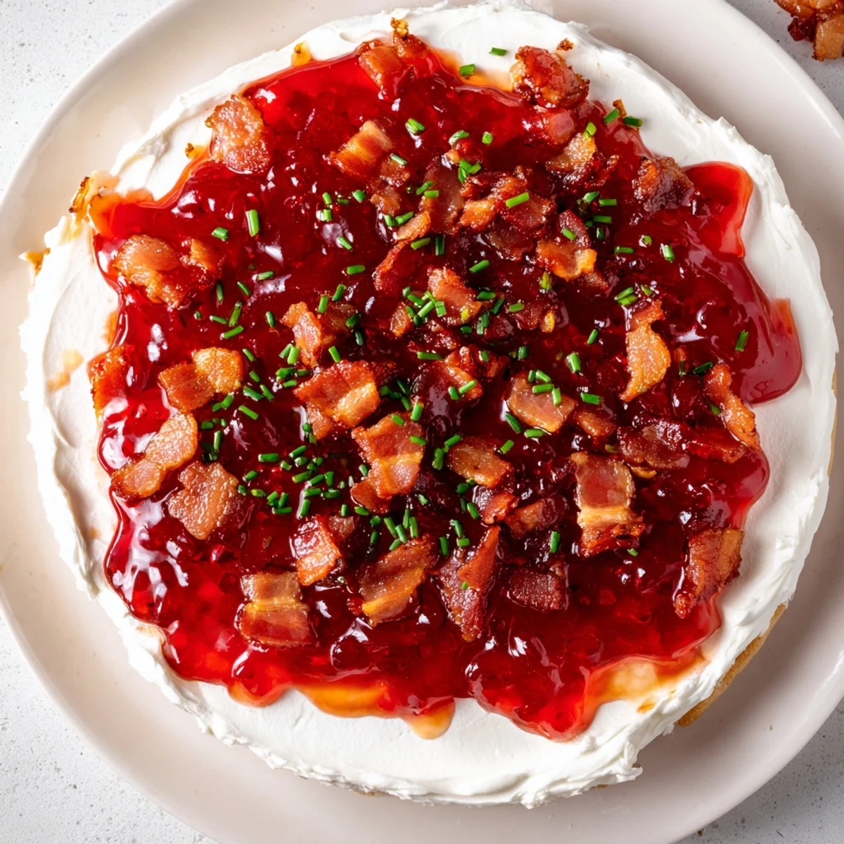 Easy Bacon Pepper Jelly appetizer: a decadent arrangement of bacon, cheese, and vibrant pepper jelly for snacking.