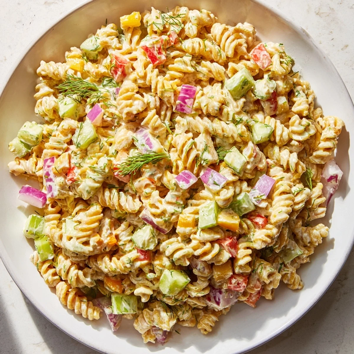 A large, vibrant bowl of Dill Pickle Chopped Pasta Salad, perfect for a summer picnic.