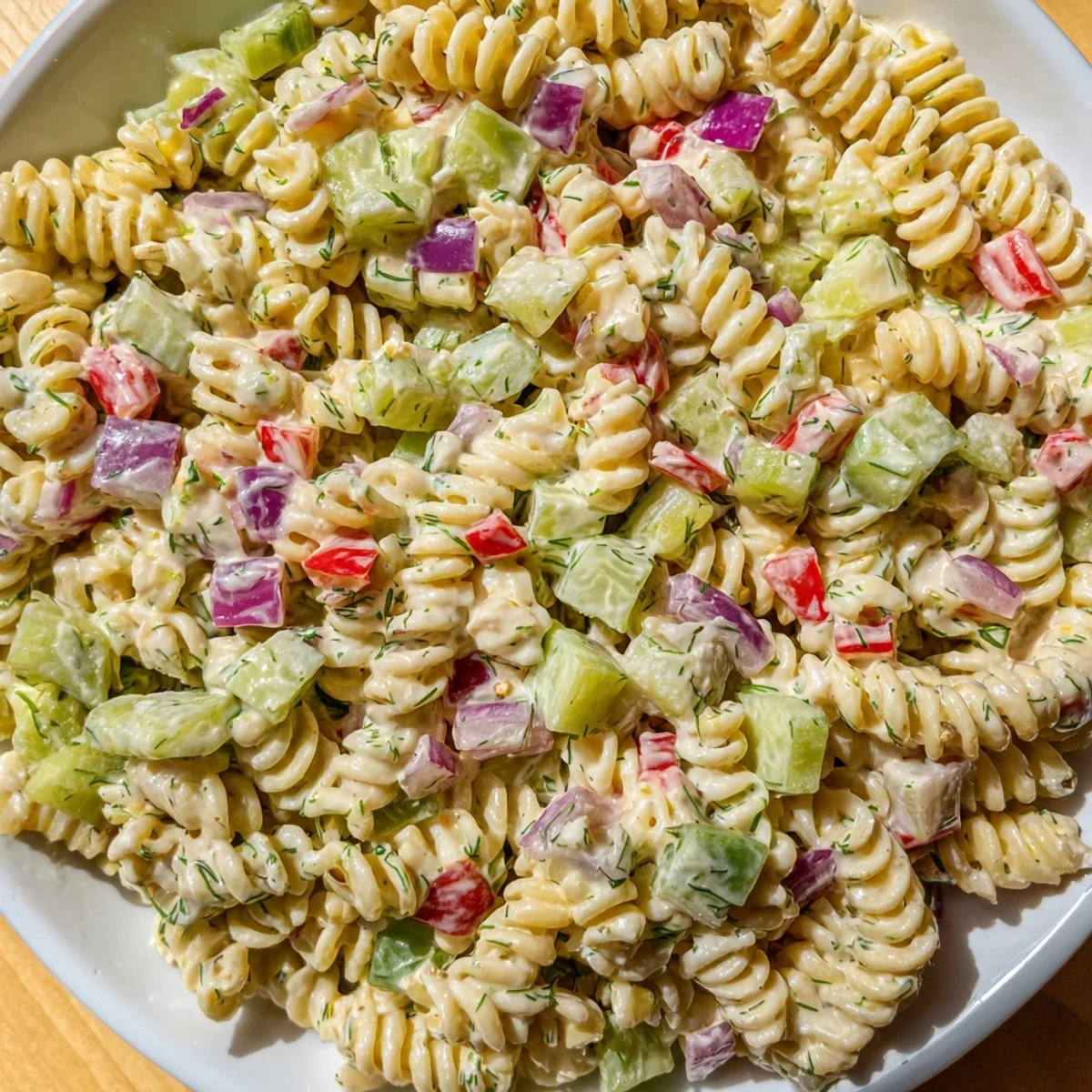 Cool and creamy Dill Pickle Chopped Pasta Salad is full of fresh vegetables and tangy flavor.
