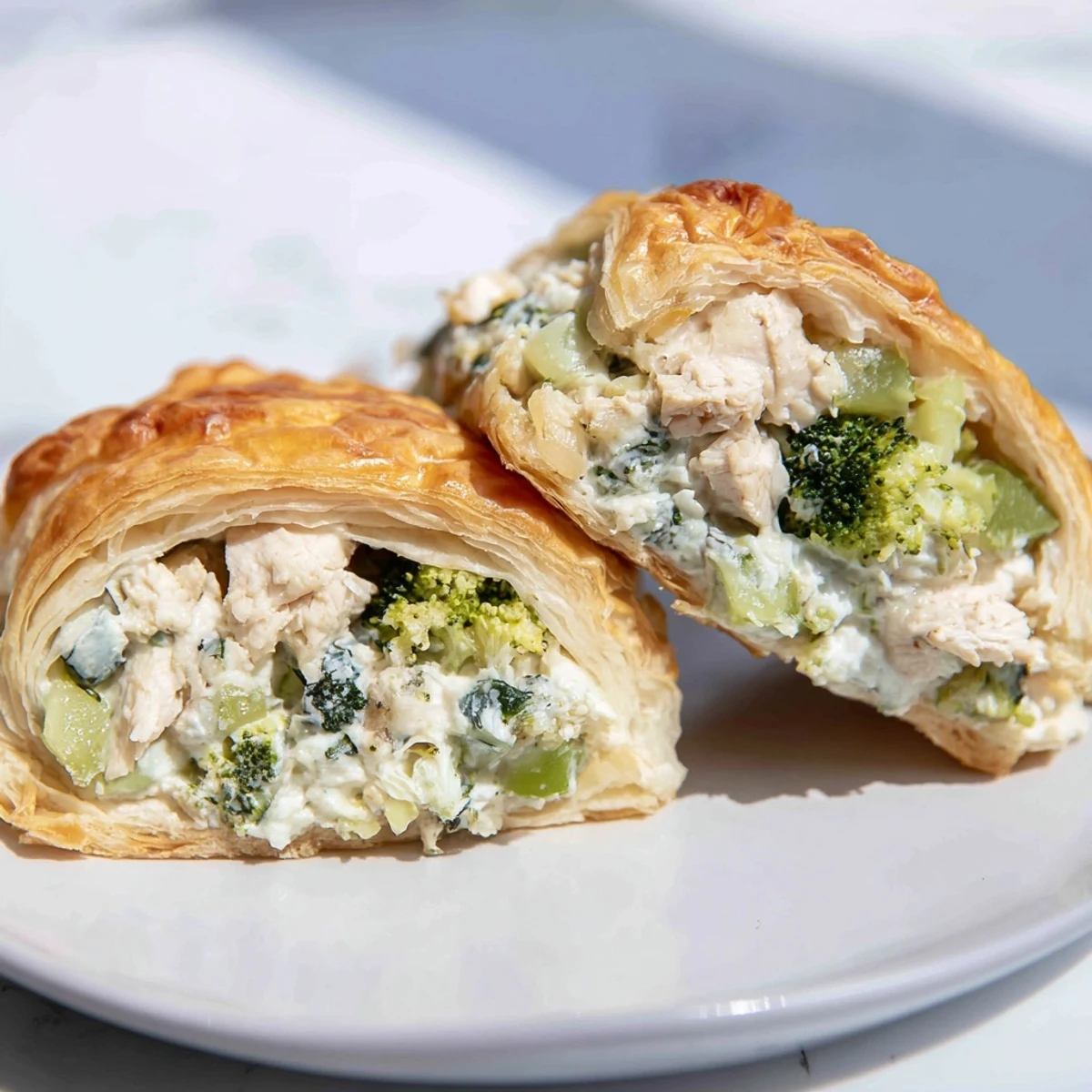 Close-up of baked Creamy Chicken and Broccoli Puff Pastry Rolls, with a beautiful golden-brown, crispy crust.