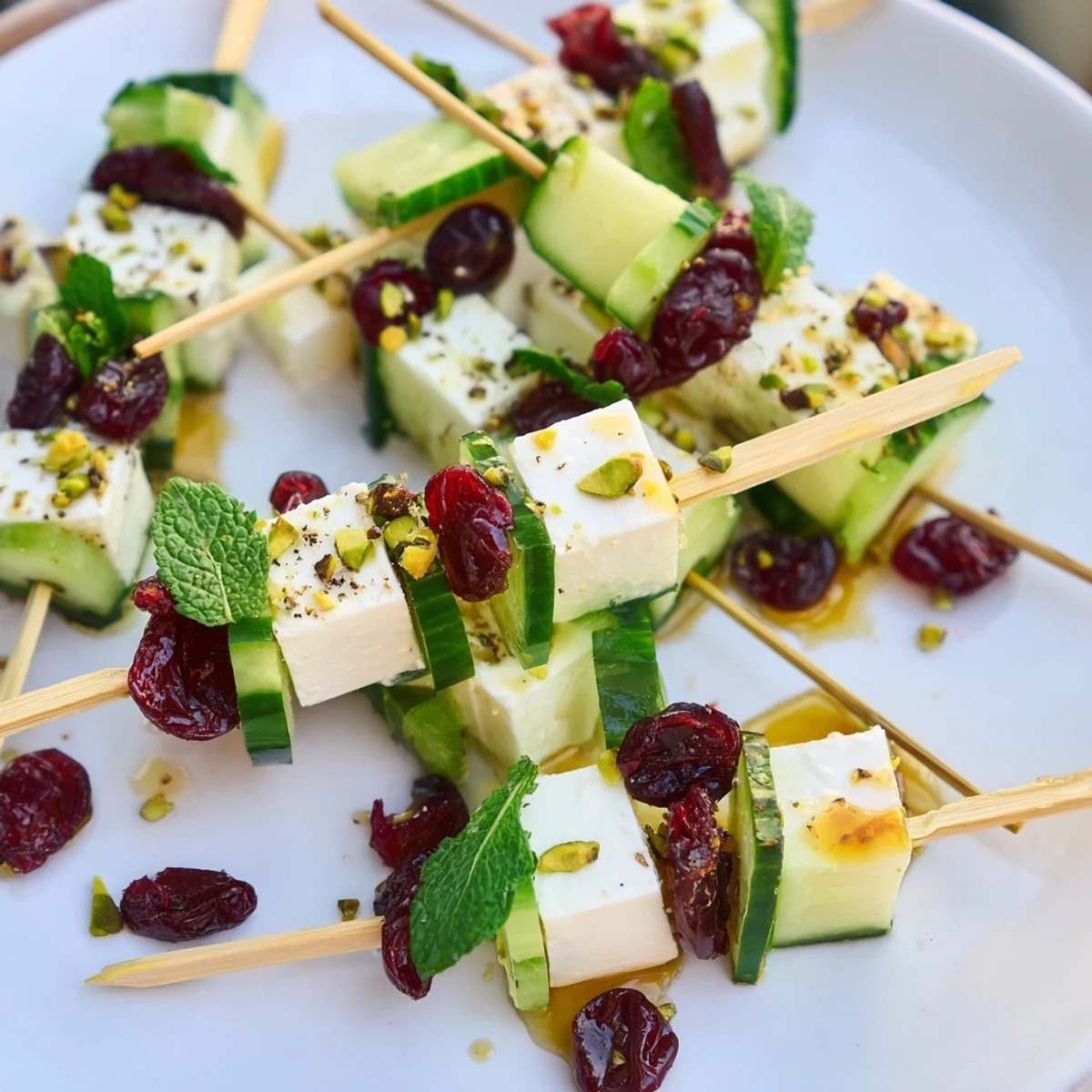 Holiday Cranberry-Feta Skewers are beautiful: feta, cranberries, and cucumber ready to serve as appetizers.