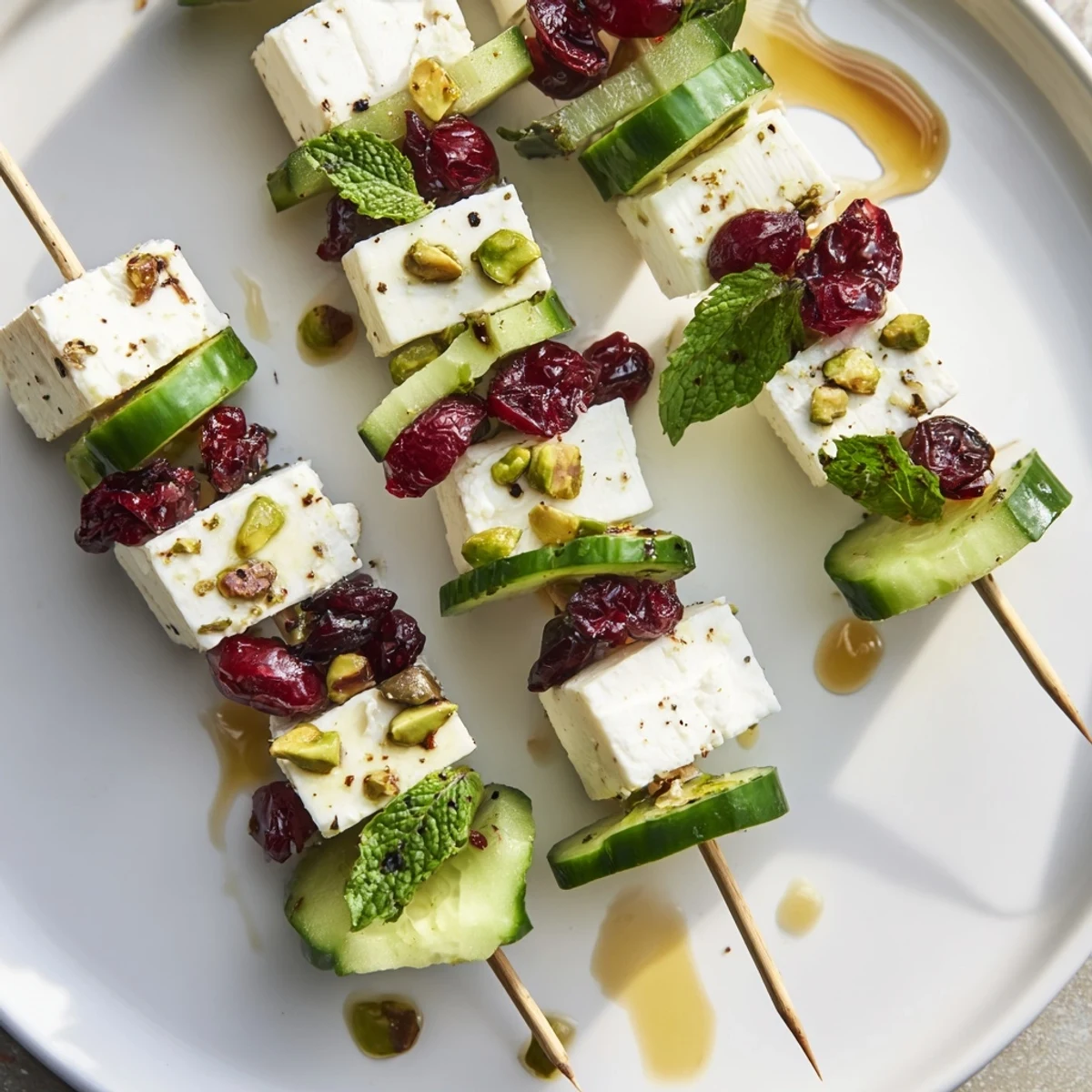 Enjoy the vibrant colors of these Holiday Cranberry-Feta Skewers, drizzled with honey, ready to eat!