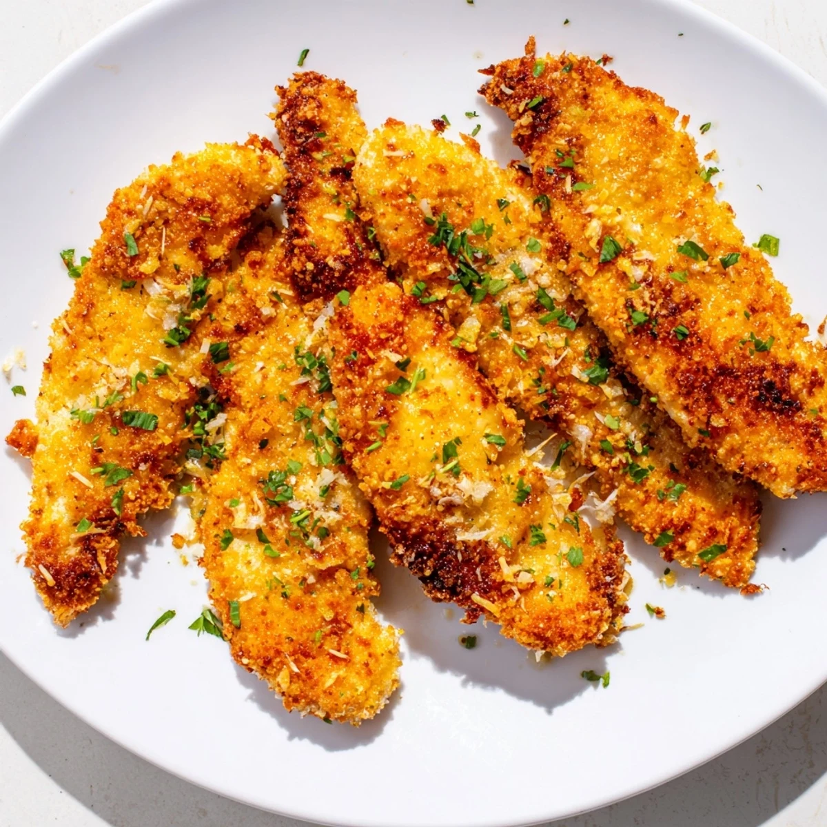 Oven-baked Garlic Parmesan Chicken Tenders, glistening with garlic butter, perfect for a family meal.