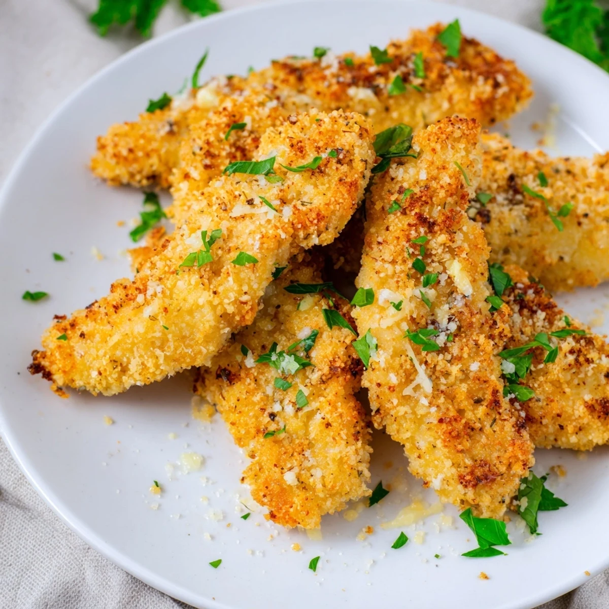 Close up shot of crispy, breaded Garlic Parmesan Chicken Tenders with fresh parsley garnish.