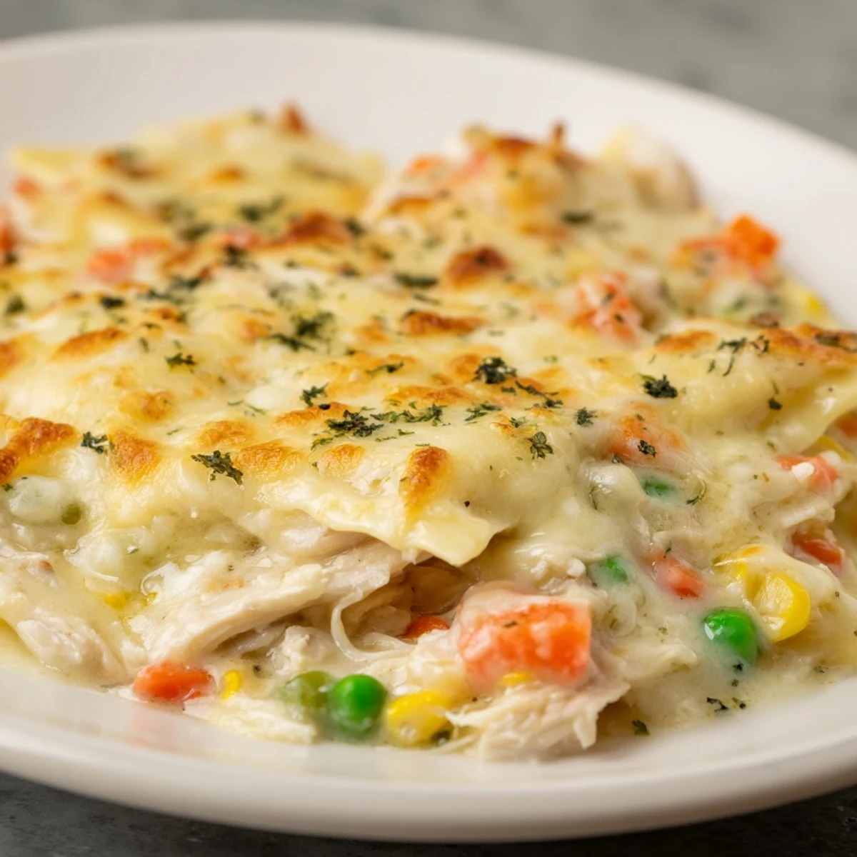 Hearty Chicken Pot Pie Ravioli Bake with visible peas and carrots within a rich, savory sauce.