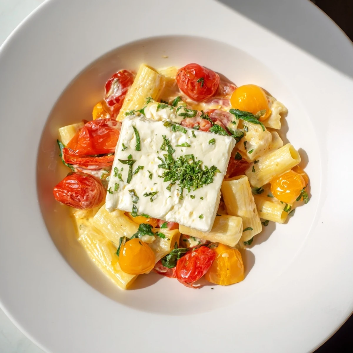 Creamy, cheesy Four-Cheese Baked Block Pasta featuring a rich blend of melted cheeses and pasta.