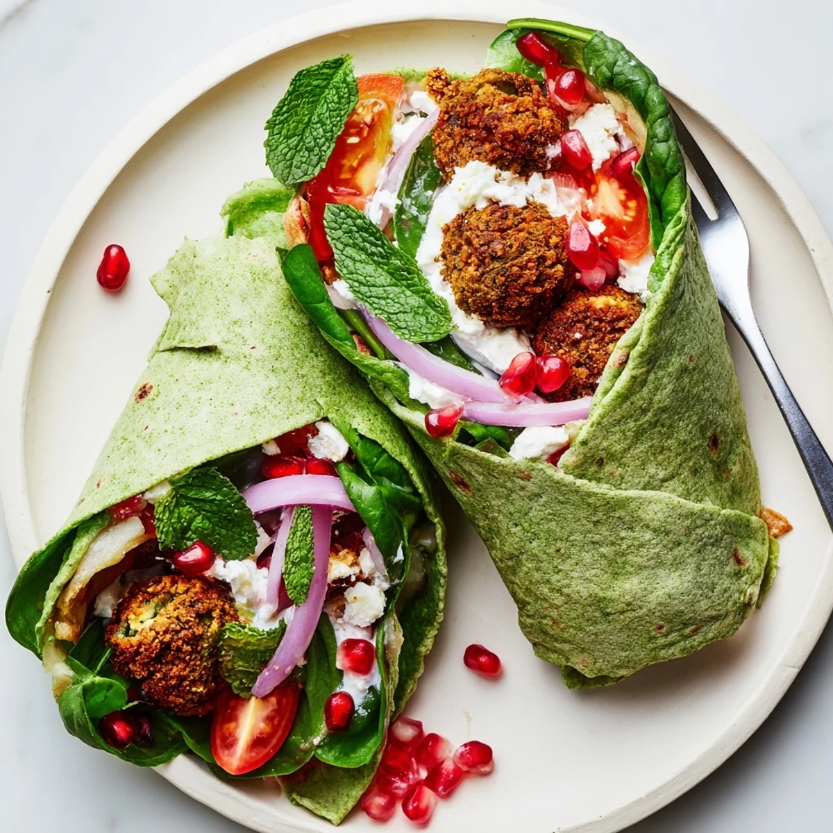 Brightly colored festive falafel & tzatziki Christmas wreath wrap: a visually stunning vegetarian dish.