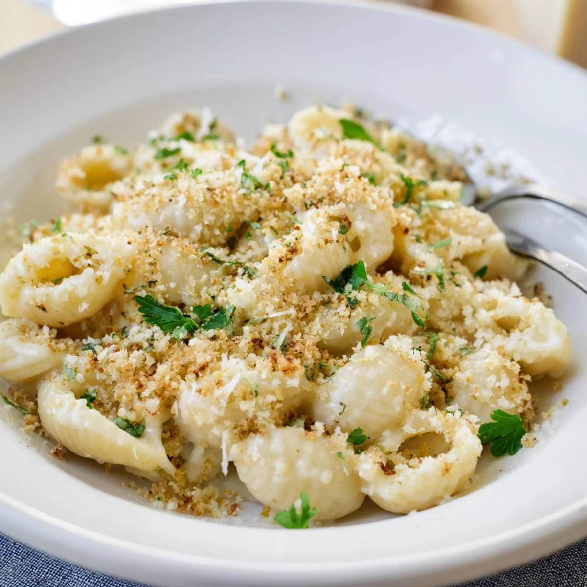 Golden-brown Lightened Mac & Cheese Snowflake Pasta Bake, bubbling hot, ready to scoop and enjoy.