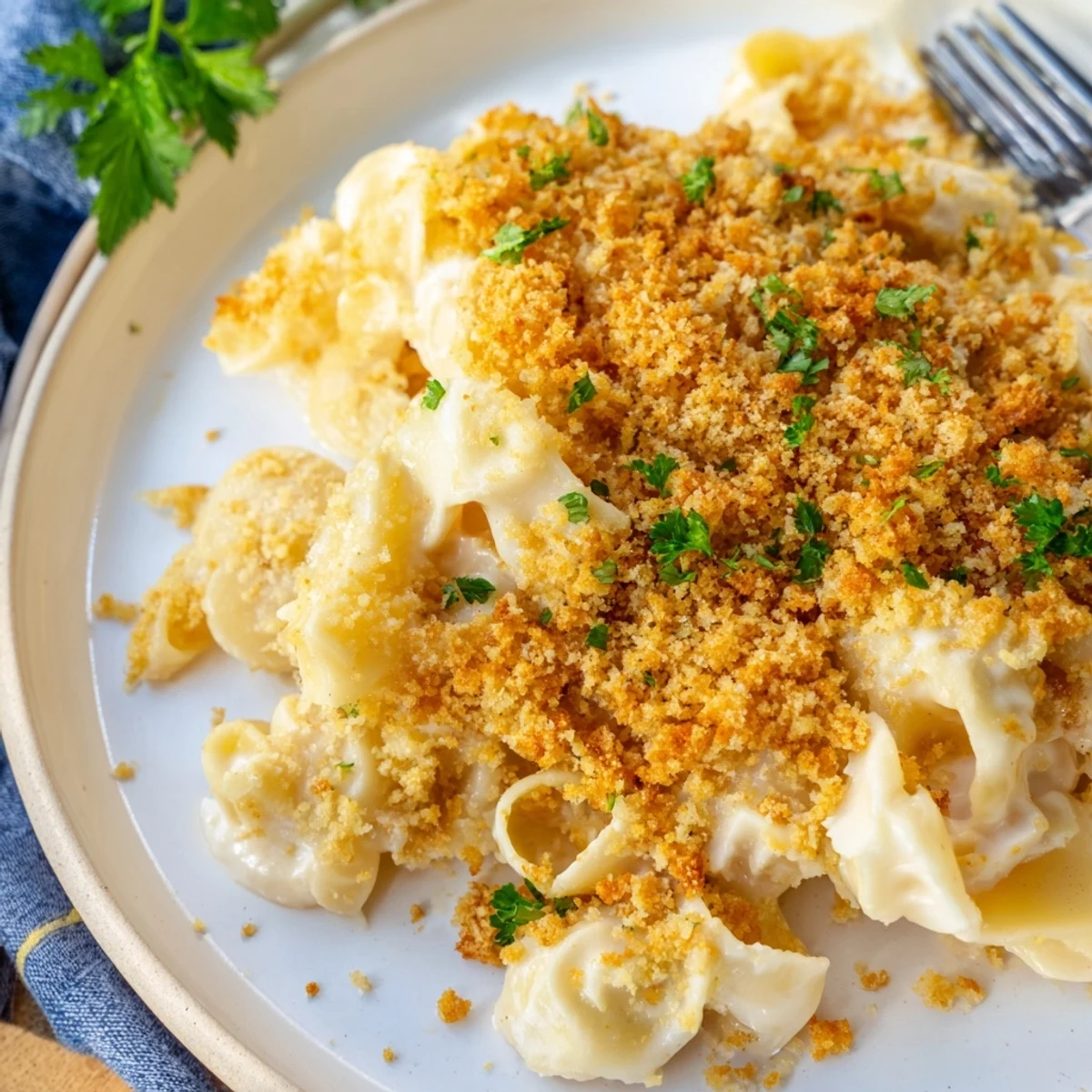 A comforting casserole of Lightened Mac & Cheese Snowflake Pasta Bake with a crispy, cheesy breadcrumb topping.